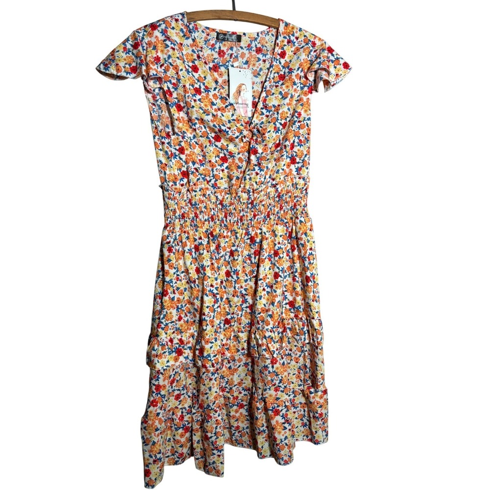 NWT PrettyGarden Floral Midi Dress Womens L V-Neck Smocked Waist Ruffle Tiered